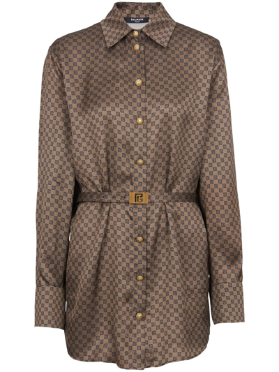 Balmain Mini Monogram-print Silk Shirt In Brown