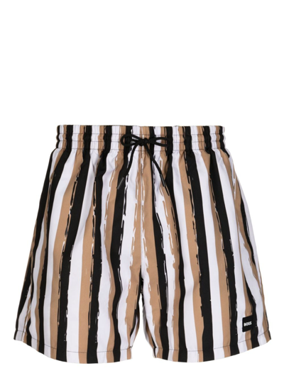 Hugo Boss Striped Swim Shorts In Quick-drying Fabric In Brown