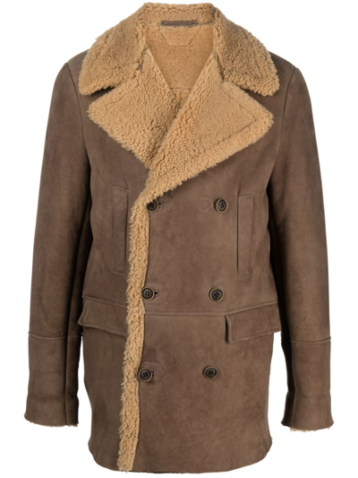 Salvatore Santoro Shearling-trim Buttoned Double-breasted Coat In Braun