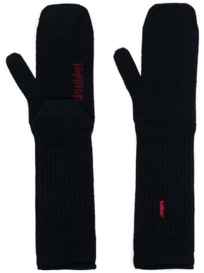 Doublet Logo-embroidered Ribbed-knit Gloves In Blau