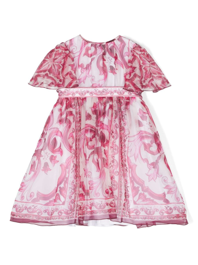 Dolce & Gabbana Babies' Floral-print Empire-line Silk Dress In Pink