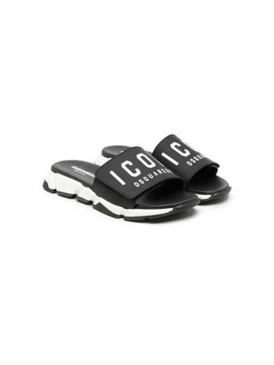 Dsquared2 Kids' Logo-print Touch-strap Sandals In Black