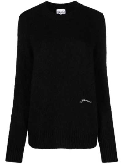 Ganni Logo-embroidered Crew-neck Jumper In Black