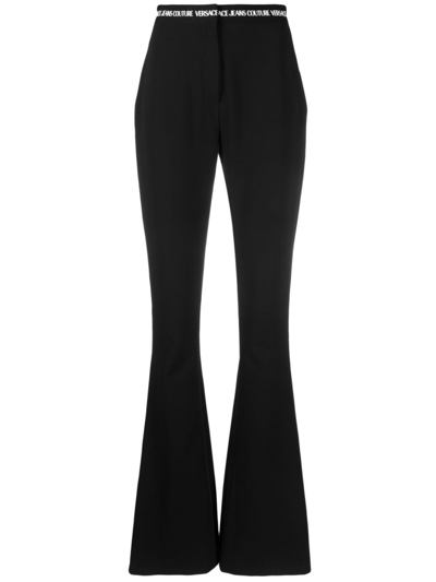 Versace Jeans Couture Logo Waistband Flared Trousers In Black