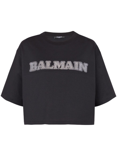 Balmain Strass Logo Short-sleeve Crop T-shirt In Black