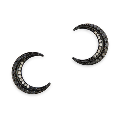 Sheryl Lowe Pavé Diamond Crescent Moon Stud Earrings In White Diamonds,black Diamonds