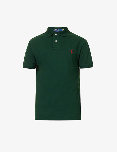 POLO RALPH LAUREN MENS COLLEGE GREEN SHORT-SLEEVED LOGO-EMBROIDERED SLIM-FIT COTTON-PIQUÉ POLO SHIRT XL