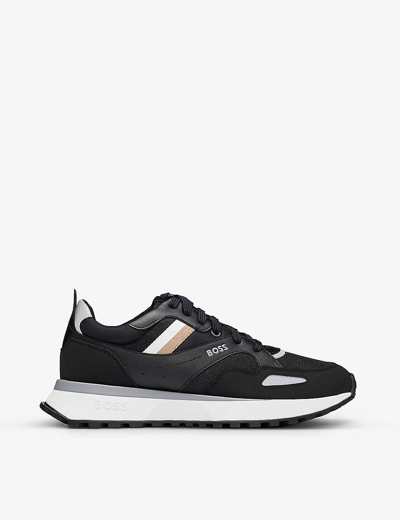 HUGO BOSS MENS BLACK BRAND-PRINT MESH AND FAUX-LEATHER LOW-TOP TRAINERS EUR 41 / 7 UK