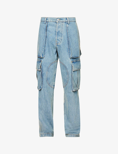 Nahmias Mens Light Wash Brand-patch Relaxed-fit Stretch-denim Cargo Jeans