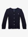 POLO RALPH LAUREN POLO RALPH LAUREN GIRLS NAVY KIDS GIRLS' LOGO-EMBROIDERED PEPLUM KNITTED COTTON CARDIGAN