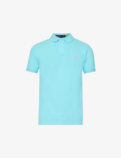 POLO RALPH LAUREN MENS FRENCH TURQUOISE SHORT-SLEEVED LOGO-EMBROIDERED SLIM-FIT COTTON-PIQUÉ POLO SHIRT