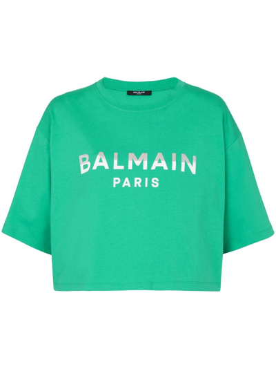 Balmain Logo-print Cropped T-shirt In Green