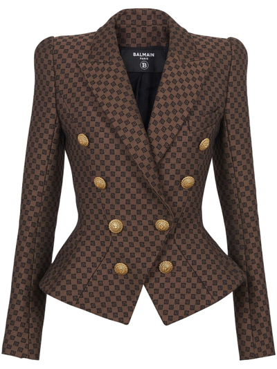 Balmain 8-button Monogram Jacquard Blazer Jacket In Brown