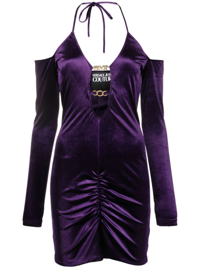 Versace Jeans Couture Ruched Velvet Minidress In Viola