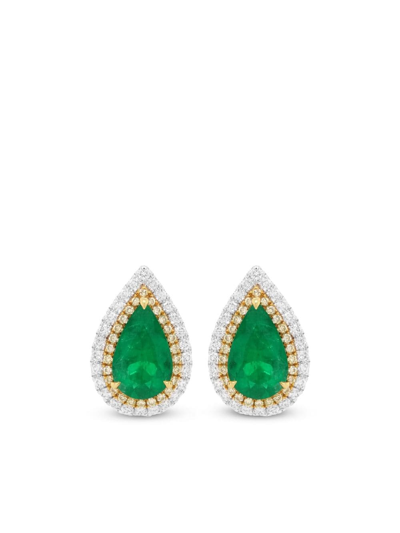Hyt Jewelry 18kt Gold Emerald And Diamond Stud Earrings In Silver