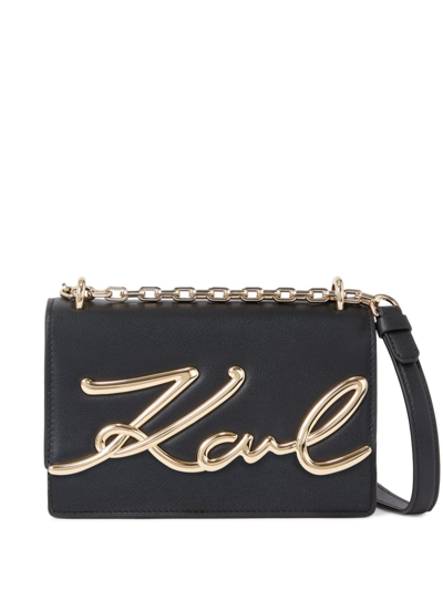 Karl Lagerfeld Small Signature Leather Shoulder Bag In Black