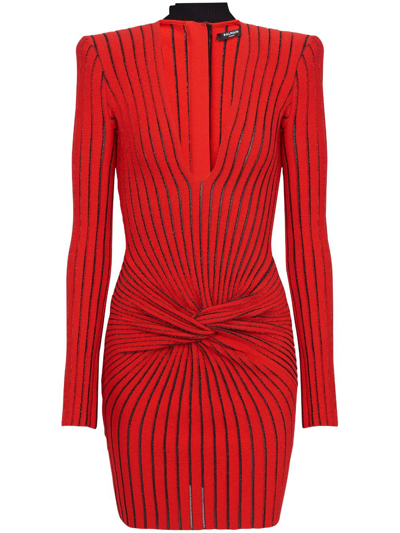 Balmain Draped Knit Dress In Red