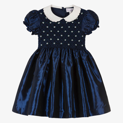 Rachel Riley Kids' Girls Blue Hand-smocked Satin Dress