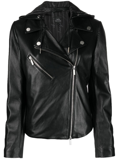 Armani Exchange Hooded Leather Biker Jacket In Black