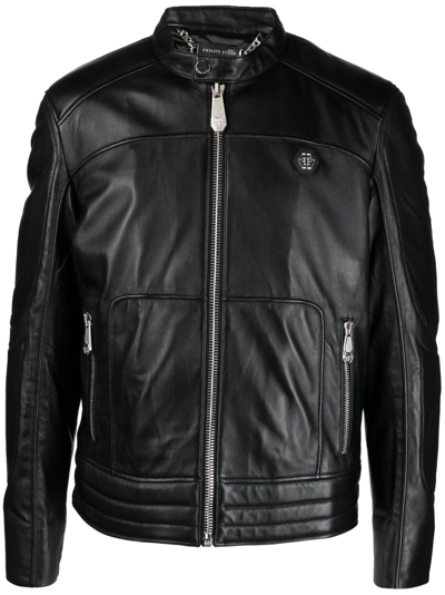 Philipp Plein Padded Leather Biket Jacket In Black