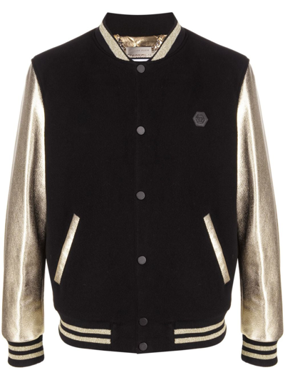 Philipp Plein Metallic Effect-sleeves Bomber Jacket In Black