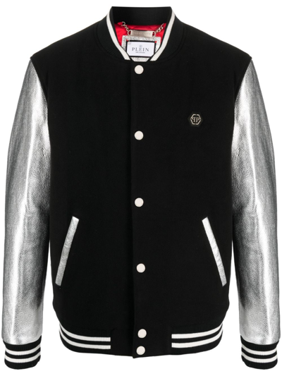 Philipp Plein Metallic Effect-sleeves Bomber Jacket In Black