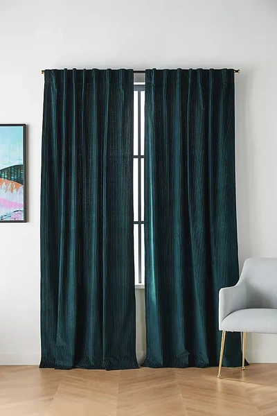 Anthropologie Fiora Ribbed Velvet Curtain In Blue