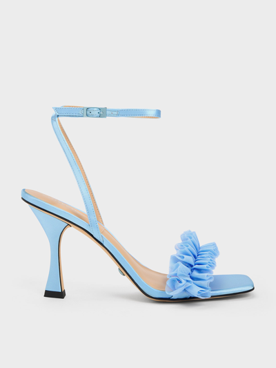 Charles & Keith Recycled Polyester Ruffled Mesh Heeled Sandals In Blue