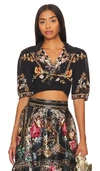 Camilla Cropped Crystal-embellished Floral-print Stretch-jersey Wrap Top In Black