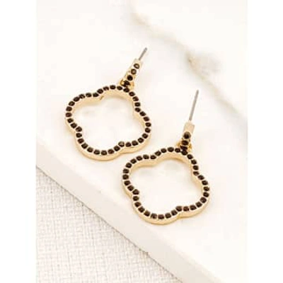 Envy Cut Out Black Diamante Clover Earrings Gold