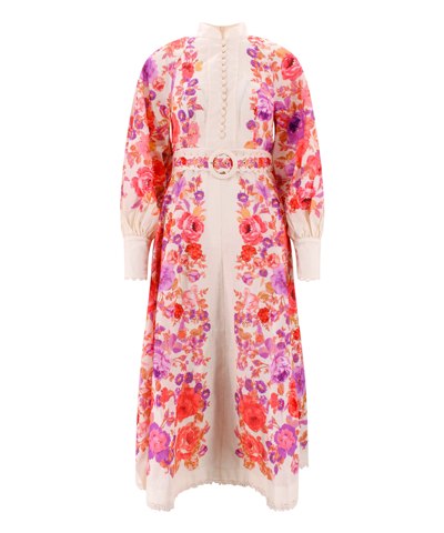 Zimmermann Raie Floral-print Belted Linen Midi Dress In Multi