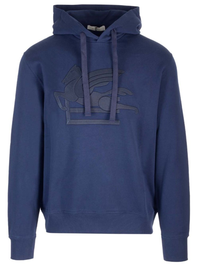 Etro Logo-embroidered Cotton Hoodie In Blue