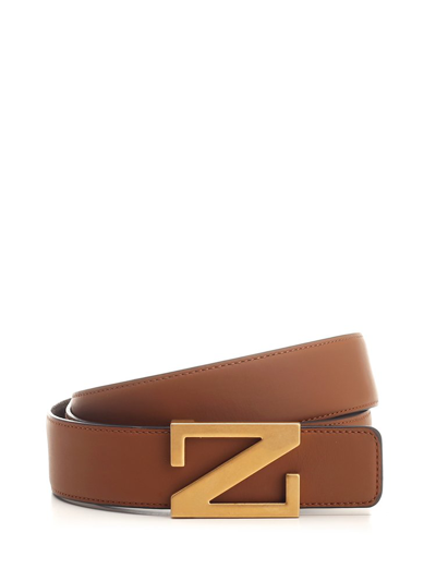 Ermenegildo Zegna Logo Plaque Buckle Belt In Brown