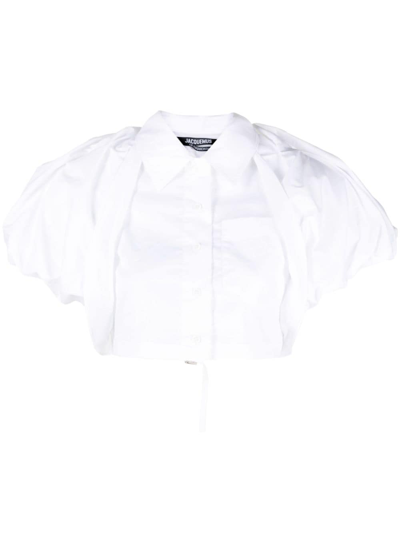 Jacquemus La Chemise Pavane Cropped Cotton-blend Shirt In White