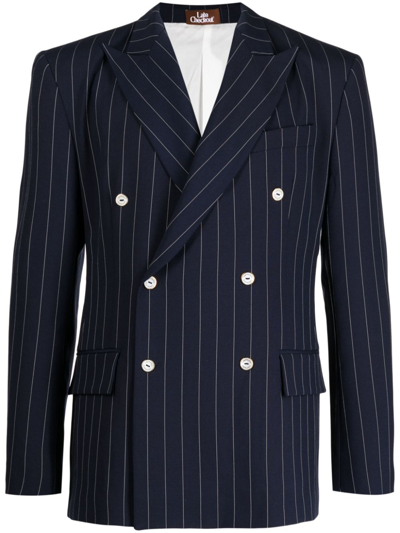 Late Checkout Double-breasted Pinstripe-print Blazer In Blue