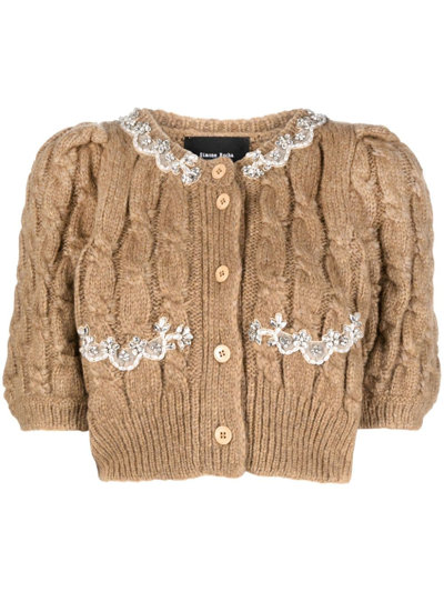 Simone Rocha Puff-sleeve Embellished Cable-knit Wool-blend Cropped Cardigan In Camel