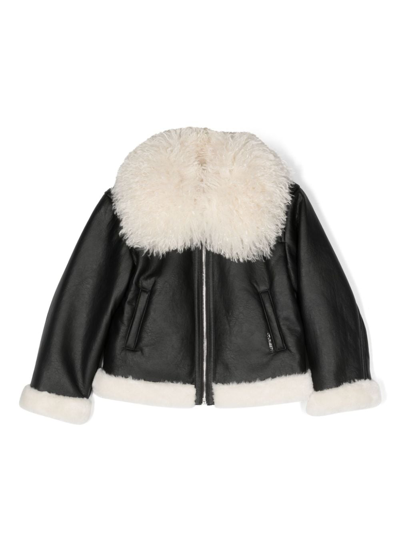 Twinset Kids' Faux-shearling Collar Zipped Jacket In Black