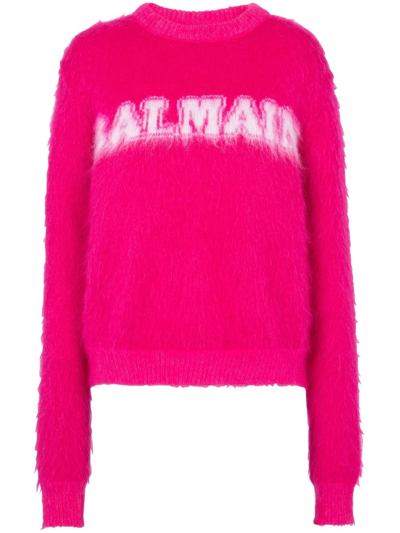 Balmain Logo Mohair Sweater In Fuchsia White