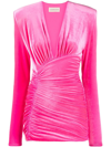 Alexandre Vauthier Plunging Strong-shoulder Long-sleeve Ruched Velvet Mini Dress In Pink