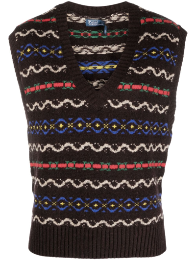 Polo Ralph Lauren Intarsia V-neck Knitted Vest In Brown