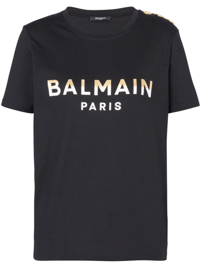 Balmain Three-button Logo-print T-shirt In Black