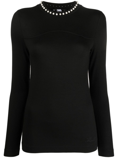 Karl Lagerfeld Faux-pearl-embellished Long-sleeve Top In Black