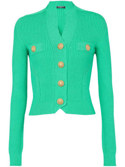 Balmain Buttoned Ribbed-knit Cardigan In Green