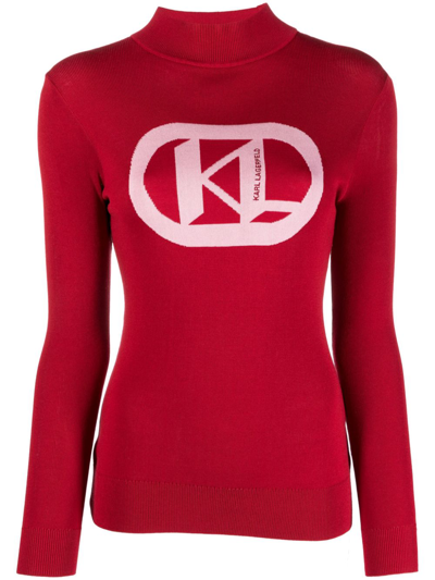 Karl Lagerfeld Logo-intarsia Mock-neck Jumper In Red