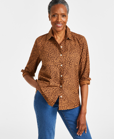 Style & Co Women's Perfect Printed Cotton Button-up Shirt, Created For Macy's In Leopard Caramel