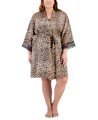 Inc International Concepts Plus Size Lace-trim Cheetah-print Satin Wrap Robe, Created For Macy's