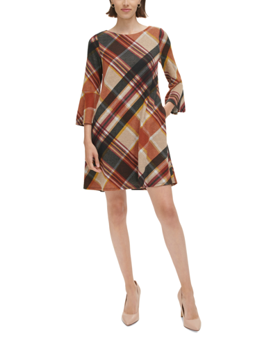Jessica Howard Petite Plaid Bell-sleeve A-line Dress In Rust Multi