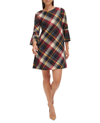 Jessica Howard Petite Plaid Bell-sleeve A-line Dress In Red Multi