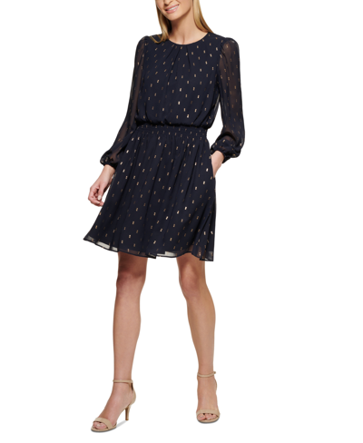 Jessica Howard Women's Clip-dot Pleated Smocked Dress In Navy