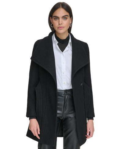 Calvin Klein Womens Asymmetrical Belted Wrap Coat, Created For Macys In Black Twill